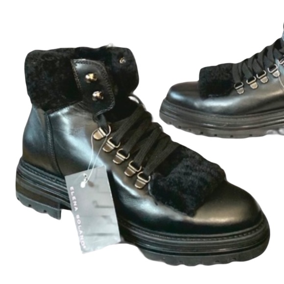 Last HTF Elena Solano Fur Leather Black Combat Ankle Boot NWT - Picture 10 of 12